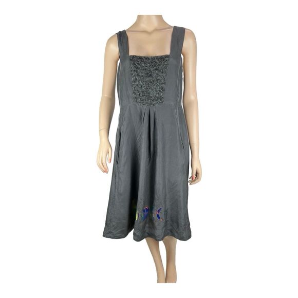 Eileen Fisher Gray Silk Chiffon Pleated Lined Sleeveless Beaded Dress MEDIUM - Picture 1 of 15